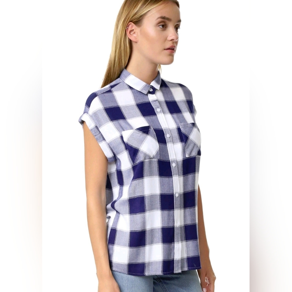 Rails Women's Britt Rolled Sleeve Button Down Plaid Shirt Blue/White Size Medium - Picture 2 of 15